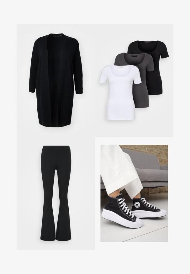 Vero Moda Curve VMCSABA POCKET COATIGAN - Cardigan - black; Three fitted T-shirts in white, gray, and black. Each features a wide scoop neckline and short sleeves. Made from smooth, stretchy fabric.; Black flared pants made of stretchy fabric, featuring a high waistband and a smooth texture. The pants flare out from the knee.; Black canvas high-top sneakers with white rubber soles and laces. Features a circular logo on the side and contrasting white stitching.