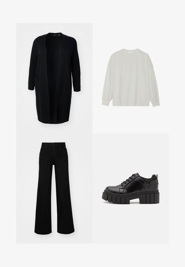 Vero Moda Curve VMCSABA POCKET COATIGAN - Gilet - black; T-shirt à manches longues gris clair en coton doux. Présente une coupe ample, un col rond et des poignets légèrement froncés. Aucun motif ni graphique.; Pantalons large en denim noir, dotés d'une taille structurée, de passants de ceinture et de poches avant. Texture lisse avec un design classique.; Chaussures à plateforme en cuir noir avec un talon bloc épais, bout rond et un design traditionnel à lacets. Elles présentent une texture lisse et un détail minimal.
