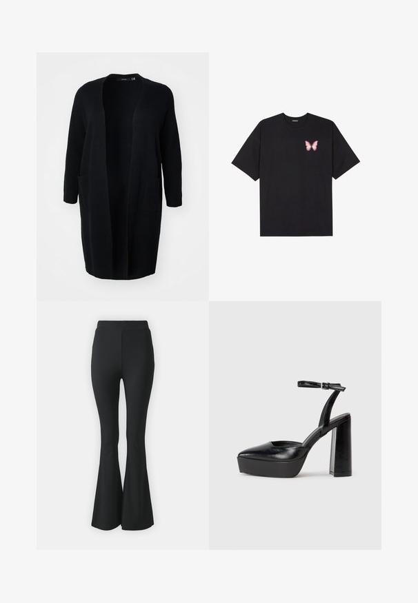 Vero Moda Curve VMCSABA POCKET COATIGAN - Kardigan - black; Must muströöpidega must puuvillane T-särk, vasakul rinnal on väike roosa liblikas. Ümar kaelus ja vabalt istuv lõige.; Mustast lõtvuvate pükste, mis on valmistatud venivast kangast. Omab kõrget vööd ja sujuvat, keha järgivat disaini, mis laieneb põlve alt allapoole.; Mustad platvormi kontsad terava ninaga ja reguleeritava pahkluuraamiga. Valmistatud siledast nahast, funktsioneerib massiivse plokknäheeliga.