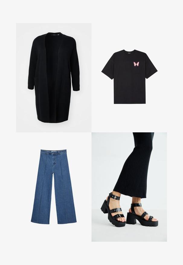 Vero Moda Curve VMCSABA POCKET COATIGAN - Cardigan - black; Sort bomulds T-shirt med korte ærmer, prydet med en lille pink sommerfugl grafik på venstre bryst. Rund hals design med en afslappet pasform.; Bredde ben denim jeans i mellemblå, med høj talje, knaplukning og kontrasterende lodrette sømdetaljer foran.; Sorte platfromsandaler med kraftige, skridsikre såler og flere stropper, der har metalspænder og en glat læderlignende tekstur.