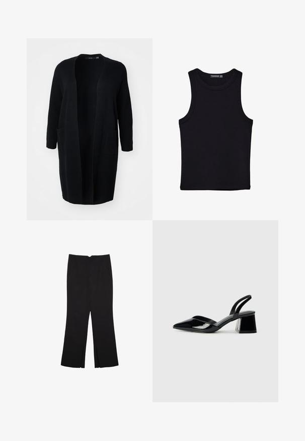 Vero Moda Curve VMCSABA POCKET COATIGAN - Strickjacke - black; Schwarzes Tanktop aus Baumwolle mit rundem Halsausschnitt und weiten Armöffnungen. Glatte Textur mit genähten Säumen. Klassisches, minimalistisches Design.; Schwarze Hose mit geradem Schnitt, ausgestattet mit Fronttaschen und Seitenschlitzen am Saum. Hergestellt aus weichem, glattem Stoff. Geeignet für verschiedene Anlässe.; Schwarze Lackleder-Slingback-High Heels mit spitzem Schuh und einem geometrischen Blockabsatz. Verfügt über ein schlankes, minimalistisches Design und eine glatte Textur.