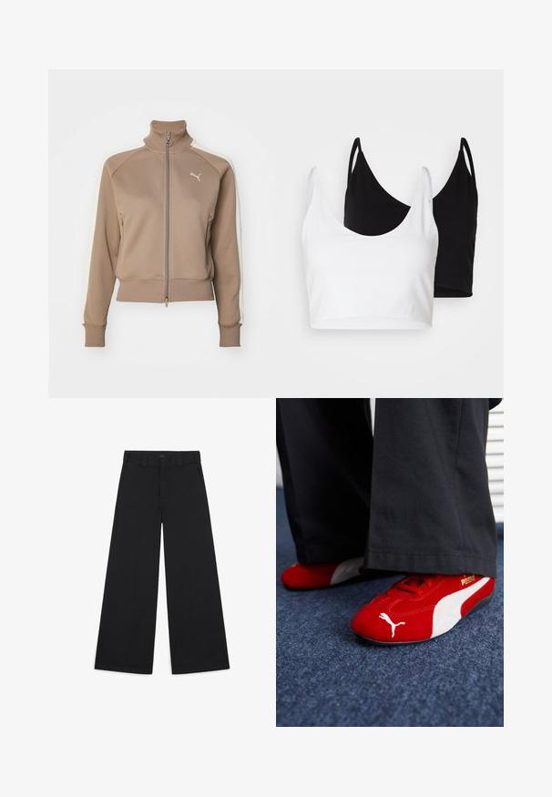 Brown zip-up track jacket with a high collar, cream side panels, and ribbed cuffs and hem. Features a logo on the left chest area.; Two cotton crop tops in white and black. Each has a deep neckline and thin shoulder straps, featuring a smooth, soft texture.; Wide-leg black pants made of a soft, woven fabric. Features pressed creases, belt loops, and a clean, tailored finish.; Red suede sneakers with white accents, featuring textured material, round toe, and a gold logo on the side, worn with black pants.