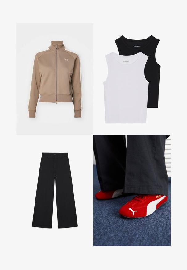 Brūna uzzipojama sporta jaka ar augstu apkakli, krēmveida sānu paneļiem un ribota cinķe un apakšmalu. Satur logotipu kreisajā krūšu daļā.; Divas bez piedurknēm melnbaltā krāsā, izgatavotas no ribotu kokvilnas, ar apaļām kakla izgriezumiem un pieguļošu dizainu. Uz abām ir redzami etiķetes.; Platas melnas bikses, kas izgatavotas no mīksta, austas auduma. Iezīmētas ar presētām krokām, jostu cilpiņām un tīru, pielāgotu apdari.; Sarkani zīda sneakers ar baltām akcentiem, ar teksturētu materiālu, apaļu purngalu un zeltītu logotipu sānos, valkāti ar melniem biksēm.