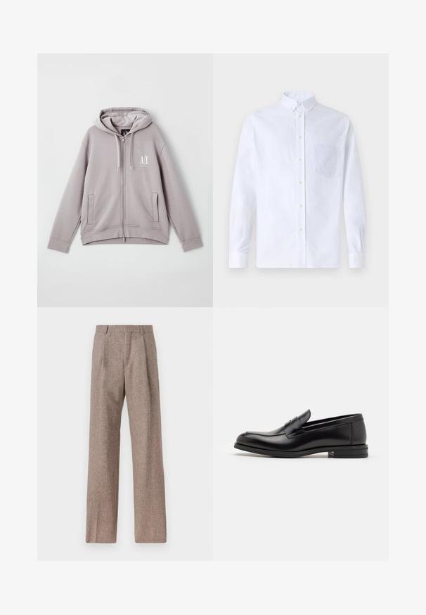 Siva zip-up kapuca narejena iz mehkega blaga, z osrednjim zadrgo, sprednjimi žepi, kapuco na vrvico in majhnim logotipom na prsih.; Bela dolgo rukava srajca s kragnico, izdelana iz bombaža, z žepom na prsih in toniranimi vezeninami ter gumbi na manšetah.; Rjave hlače z visokim pasom, izdelane iz teksturirane tkanine. Imajo široke noge in dve sprednji pregibi za strukturo. Urejen zaključek brez vidne strojne opreme.; Črne usnjene loafer čevlje z gladko teksturo, zaobljenim nosom in dekorativnim trakom čez zgornji del. Nizka zložena peta, minimalističen dizajn.