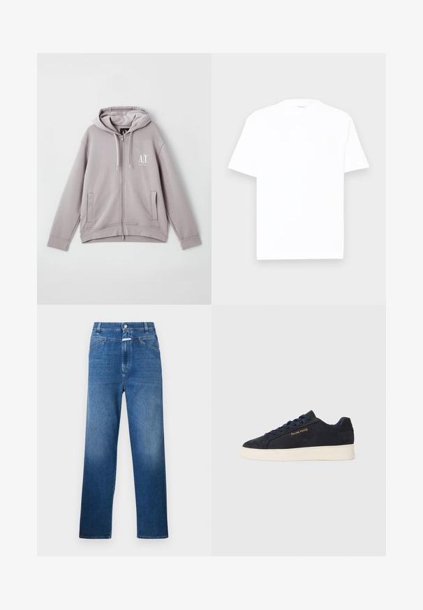 Felpa con zip grigia realizzata in morbido tessuto, dotata di una zip centrale, tasche frontali, cappuccio con cordino e un piccolo logo sul petto.; T-shirt bianca in cotone con colletto rotondo, maniche corte e vestibilità comoda. Tessuto liscio, dettagli minimi e senza motivi o grafiche.; Jeans in denim blu con una vestibilità dritta, dotati di chiusura con bottone, passanti per la cintura e leggeri sbiancamenti sulle cosce.; Sneaker bassa in suede blu navy con suola bianca, lacci blu navy e logo "Filling Pieces" in oro sul lato.