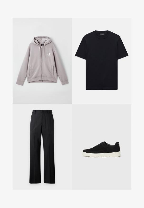 Pilkas užtrauktuku užsisegantis džemperis, pagamintas iš minkštos medžiagos, pasižymintis centriniu užtrauktuku, priekinėmis kišenėmis, kapučinu su raišteliu ir mažu logotipu ant krūtinės.; Juoda trumpo rankovės marškinėliai su apvalia iškirpte, su subtiliu iškilniu logotipo dizainu viduryje krūtinės ir ženklu vidinėje apykaklės pusėje.; Juodos tiesios kojos kelnes su diržo kilpomis, priekyje mygtukas ir užtrauktukas, pateiktos prieš paprastą baltą foną.; Juodos veliūrinės sportinės bateliai su raištelių dizainu ir kontrastinga balta gumine padais. Yra tekstūruoti šoniniai skydeliai ir subtilus logotipas ant kulno.