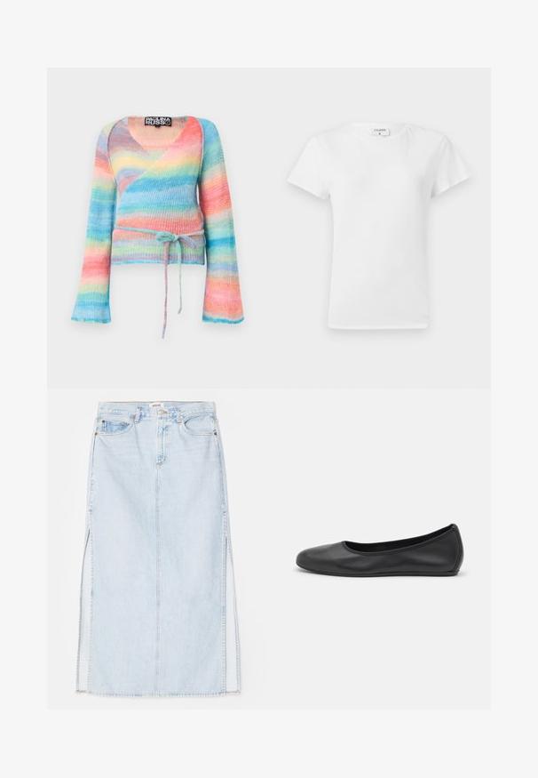 Multicolored wrap sweater featuring a blend of pastel stripes in blue, pink, and yellow, made from a soft, textured fabric with flared sleeves.; White cotton t-shirt with a crew neckline and short sleeves, featuring a relaxed fit and minimalistic design. Tag visible at the neck.; Light blue denim maxi skirt with a straight cut, featuring side slits and five-pocket design. Prominent stitching and metal button closure.; Black leather ballet flat with a rounded toe, smooth texture, minimal stitching detail, and a flexible sole design.