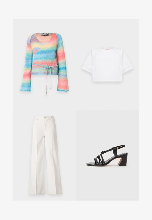 Daugiakampis apvyniotas megztinis, kuriame derinami pastelinių spalvų dryžiai: mėlyna, rožinė ir geltona. Pagamintas iš minkštos, tekstūruotos medžiagos, su platėjančiomis rankovėmis.; Trumpas baltas marškinėliai iš minkštos medžiagos, su trumpomis rankovėmis, apvaliu iškirpimu ir raukšlėtais hemų detalėmis. Paprastas ir be puošmenų dizainas.; Balti platūs baltos spalvos keliai, pagaminti iš medvilnės su lygiu paviršiumi. Yra priekinis mygtukas, užtrauktukas ir keturi kišenės.; Paul Smith AMIRA - Klasikiniai aukštakulniai - black