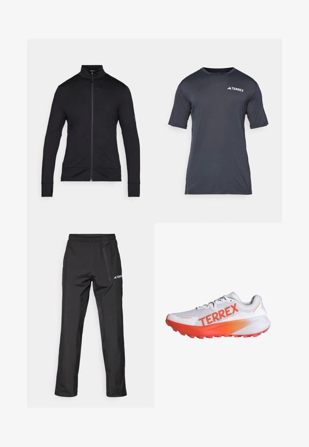 Ľahká čierna zateplená bunda na zips s vysokým golierom, dlhými rukávmi a hladkou textúrou. Vyznačuje sa minimalistickým dizajnom s jemnými detailmi šitia.; Tmavošedé tričko s krátkym rukávom, vyrobené z ľahkého a priedušného materiálu. Má okrúhly výstrih a biele logo "TERREX" na prednej strane.; Čierne ľahké outdoorové nohavice s elastickým pásom, vreckami na zips a potlačeným logom. Mäkká textúra a strihané na rovné nohavice.; Biela atletická obuv s výrazným oranžovým logom "TERREX". Má textúrovaný zvršok, ľahký dizajn a gumovú podrážku s trakčnými výstupkami.