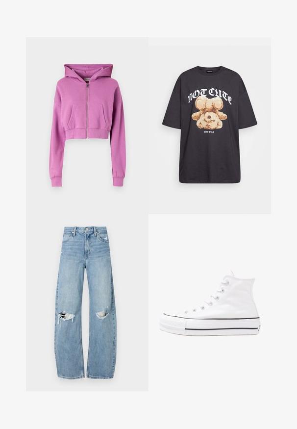 Zkrácená růžová mikina s předním zipem, dlouhými rukávy, dvěma předními kapsami a kapucí na šňůrku vyrobená z měkké bavlněné směsi.; Černé oversized tričko s grafikou medvěda a textem „NENÍ CUTE, ALE DIVOKÝ“ v tučném bílém písmu. Bavlněný materiál.; Světle modré džíny s vysokým pasem vyrobené z denimu. Mají široké nohavice, dvě roztržené oblasti na kolenou a klasický pětikapsový střih.; Bílé vysoké plátěné tenisky s černou gumovou podrážkou, přední gumovou špičkou a šesti očky na tkaničky, se čistým, minimalistickým designem.
