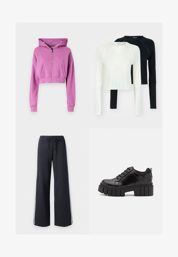 Sudadera rosa recortada con cremallera frontal, mangas largas, dos bolsillos delanteros y capucha con cordón, hecha de una suave mezcla de algodón.; Dos blusas de manga larga, una en blanco y una en negro. Ambas presentan escotes redondos y cremalleras decorativas en el hombro. Tela suave.; Pantalones de pierna ancha negros con cinturilla elástica y cordón. Presentan rayas laterales azules y una textura suave y lisita.; Zapatos de plataforma de cuero negro con un tacón cuadrado grueso, punta redonda y diseño tradicional de cordones. Presenta una textura suave y un detalle minimalista.