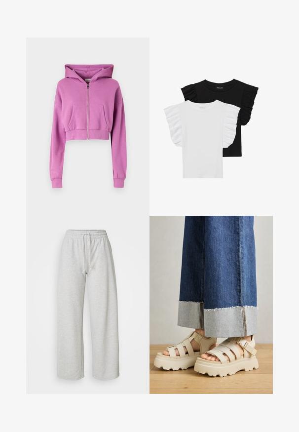 Lühendatud roosa kapuutsiga sviiter, ees lukuga, pikkade varrukatega, kahe ees oleva taskuga ja nööriga kapuuts, valmistatud pehmest puuvilla segus kangast.; Kaks lühikeste varrukatega T-särki: üks must rüselavarukatega, teine valge rüselavarukatega. Mõlemad on valmistatud kergest puuvillast materjalist.; Even&Odd Petite Dresside alumine osa - mottled light grey; Beige platvormsandaalid paksude tallatega, omaduste seas on rihmadega disain ja reguleeritavad pahkluu rihmad. Üks alläär on purunenud laia jalgadega teksapükste juures.