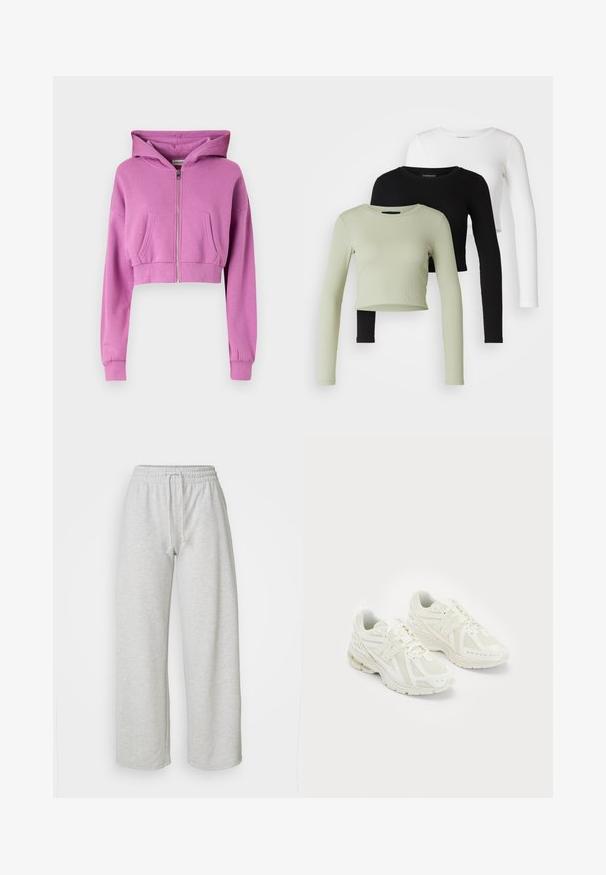 Skraćeni ružičasti kaput s prednjim zipom, dugim rukavima, dva prednja džepa i kapuljačom s vezicom, izrađen od mekanog mješavina pamuka.; Even&Odd Petite 3 PACK - Top dugih rukava - black/white/light green; Even&Odd Petite Donji dijelovi trenirke - mottled light grey; Bijele atletske cipele izrađene od mrežastih i sintetičkih materijala, s dizajnom na vezivanje, podstavljenim ovratnikom i teksturiranom potplatom za prijanjanje. Lagana konstrukcija.