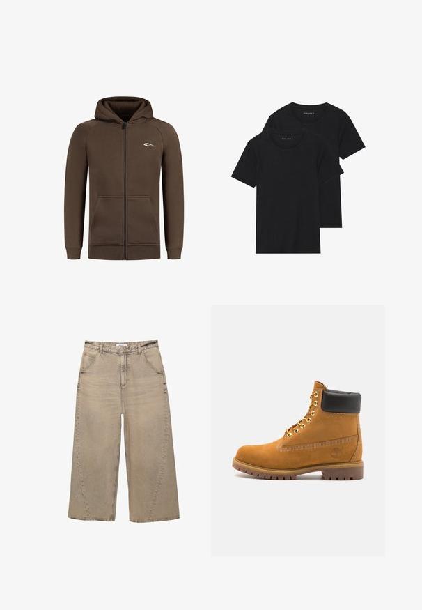 Bruine ritshoodie van zacht materiaal, voorzien van een kap, voorkruiszakken, geribde boorden en een klein wit logo op de borst.; Twee zwarte katoenen t-shirts met korte mouwen, ronde halslijnen en een gladde textuur, gepresenteerd op elkaar gestapeld.; PULL&BEAR MEGA BAGGY - Baggy jeans - light grey; Tan suède enkelboot met zwart gevoerd kraagje, gouden metalen oogjes, witte stikdetails en een robuuste rubberen zool met uitgesproken profiel.