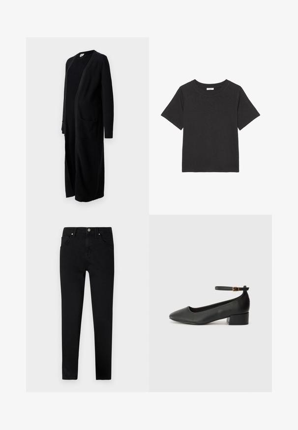 Black long cardigan made of soft knit fabric, featuring an open front, long sleeves, and two front pockets. Simple design with ribbed cuffs.; Black t-shirt made of soft fabric, featuring a crew neckline and short sleeves. The design is simple with no visible patterns or accents.; Black denim jeans with a slim fit, featuring a front button closure, belt loops, and classic five-pocket design. Smooth texture.; Black leather pump with a pointed toe and a low block heel. Features an ankle strap with a gold-tone buckle. Smooth texture.