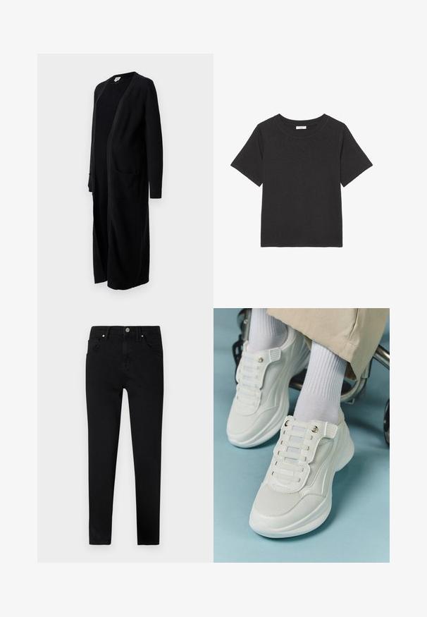Černý dlouhý kardigan z měkké pleteniny, s otevřeným předním dílem, dlouhými rukávy a dvěma předními kapsami. Jednoduchý design s žebrovanými manžetami.; Černé tričko vyrobené z měkké látky, s kulatým výstřihem a krátkými rukávy. Design je jednoduchý, bez viditelných vzorů nebo akcentů.; Černé džíny z denimu se slim fit, s předním zapínáním na knoflík, poutky na opasek a klasickým designem pěti kapes. Hladká textura.; Bílé tenisky s materiálem z mešové tkaniny, gumovou podrážkou, bezšňůrovým designem s elastickými pásky a zlatými akcenty.