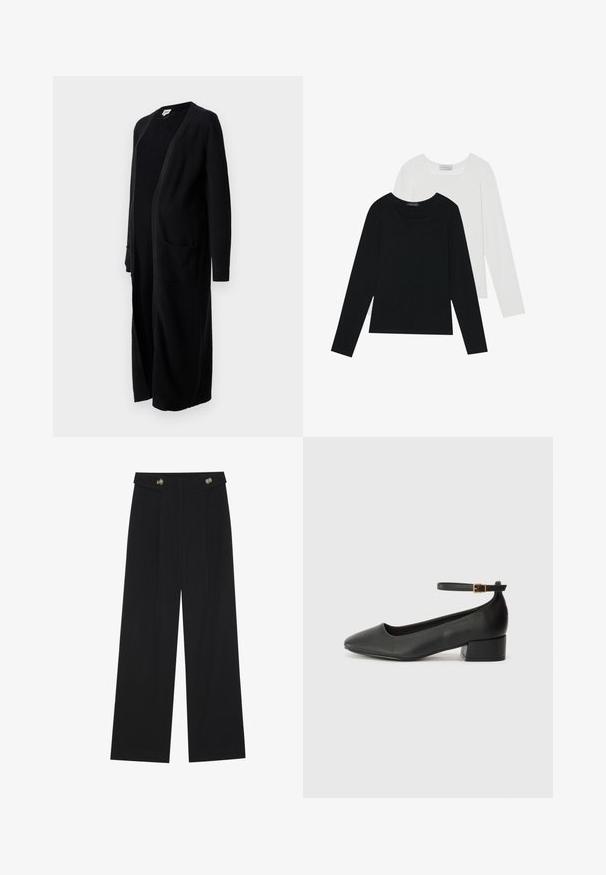 Black long cardigan made of soft knit fabric, featuring an open front, long sleeves, and two front pockets. Simple design with ribbed cuffs.; Two long-sleeve tops, one black and one white, both featuring a square neckline and made from soft, stretchy fabric.; Black wide-leg trousers with high waist, button details on waistband, and front pleats.; Black leather pump with a pointed toe and a low block heel. Features an ankle strap with a gold-tone buckle. Smooth texture.