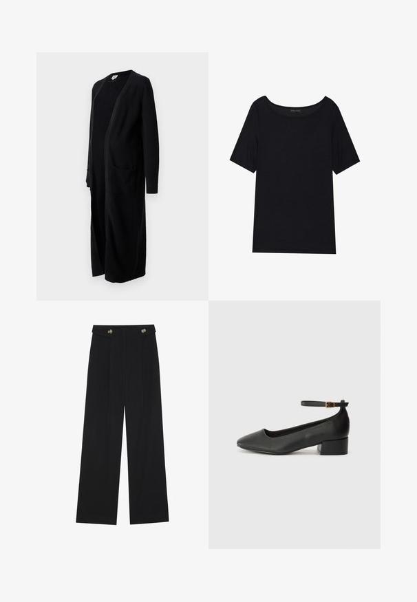 Cardigan largo negro fabricado en suave tejido de punto, con un frente abierto, mangas largas y dos bolsillos frontales. Diseño sencillo con puños acanalados.; Camiseta negra de manga corta con un escote ancho. Hecha de un tejido suave y liviano. Diseño simple sin patrones ni acentos.; Pantalones de pierna ancha negros con cintura alta, detalles de botones en la cinturilla y pliegues en la parte delantera.; Zapato de tacón negro de cuero con punta afilada y tacón bajo cuadrado. Presenta una correa para el tobillo con una hebilla en tono dorado. Textura suave.
