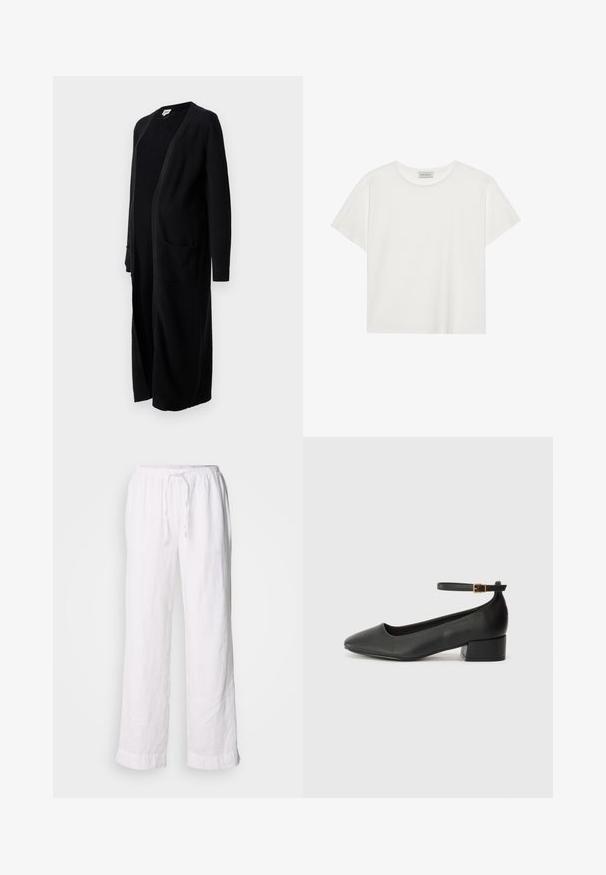 Svart lang cardigan laget av mykt strikket stoff, med åpen front, lange ermer og to frontlommer. Enkel design med ribbede mansjetter.; Hvit T-skjorte med kort erm laget av myk bomull. Har rund hals og avslappet passform. Rent design uten synlige mønstre eller aksenter.; Hvite linbukser med en avslappet passform, elastisk midje og snor. Har rette ben og rullede kanter for et uformelt utseende.; Sorte skinnpumper med spiss tå og lav blokkhelt. Har ankelrem med gullfarget spenne. Glatt tekstur.