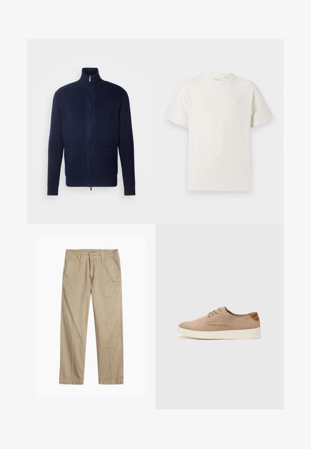 INDICODE JEANS Cardigan - navy; T-shirt bianca a maniche corte in texture a coste. Girocollo, vestibilità rilassata, senza modelli o accenti visibili. Design semplice e versatile.; Chinos beige a gamba dritta con passanti per cintura, chiusura frontale a bottone e zip, e tasche laterali inclinati.; Sneaker in suede beige con punta arrotondata, stringhe davanti e un accento testurizzato sul retro. La suola in gomma bianca offre un contrasto. Design semplice e moderno.