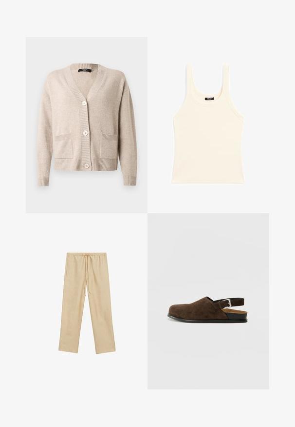 Béžový pletený svetr s výstřihem do V, třemi velkými knoflíky, dlouhými rukávy, žebrovanými manžetami a lemem a dvěma předními našitými kapsami.; Svetle béžový tílko vyrobené z ribbovaného materiálu, s kulatým výstřihem a širokými ramínky, s přiléhavým střihem a minimálním zdobením.; Světle béžové volné kalhoty s elastickým pasem a šňůrkou. Mají dvě boční kapsy a hladkou texturu.; Hnědá semišová slip-on obuv s nízkým podpatkem, nastavitelným páskem se stříbrnou sponou a černou gumovou podrážkou.