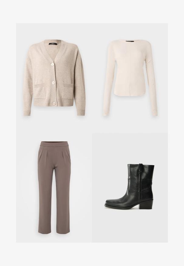 Cardigan bej tricotat cu decolteu în V, trei nasturi mari, mâneci lungi, manșete și tiv striate și două buzunare aplicate în față.; Top cu mânecă lungă, de culoare bej deschis, cu decolteu rotund. Realizat dintr-un material moale, prezintă o cusătură centrală și un tiv ușor curbat. Fără elemente de prindere vizibile.; Pantaloni bej cu croi lejer, talie elastică și pliuri frontale, confecționați dintr-un material neted.; Botine din piele neagră, cu vârf rotund, toc pătrat, fermoar pe lateral și accente de cusături pe partea superioară. Textură netedă, design clasic.