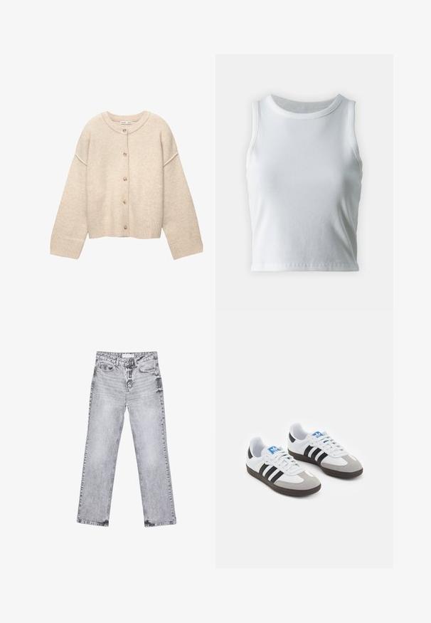 Beige knitted cardigan with a round neckline, button front closure, ribbed cuffs, and a cropped hem, made from soft fabric.; White ribbed tank top with a round neckline and sleeveless design, featuring a straight hem and a smooth, stretchy texture.; Gray denim jeans with a straight-leg cut, distressed detailing, five pockets, and copper rivets. Waistband features a logo tag.; Sport shoes with a white leather upper, gray suede toe, and three black stripes. Features a blue logo on the tongue and a textured rubber sole.