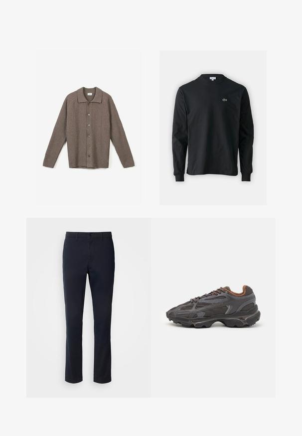 Brun ribbad kofta med krage, knäppning fram och långa ärmar. Tyget har en strukturerad väv och en avslappnad passform.; Svart långärmad t-shirt i bomull, med rund halsringning och en liten grön broderad krokodil-logotyp på vänster bröst.; Mörkblå byxor i slätt tyg, med rak bendesign, bälteshällor och knappstängning med dragkedja.; Lacoste-sneakers i mörkgrått med nät och syntetmaterial, med en strukturerad sula och bruna detaljer på kragen och varumärket.