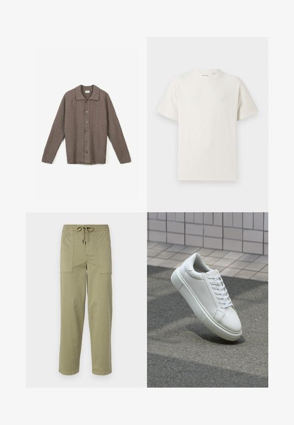 Brun ribbad kofta med krage, knäppning fram och långa ärmar. Tyget har en strukturerad väv och en avslappnad passform.; Vit t-shirt med kort ärm i ribbad struktur. Rund halsringning, löst sittande passform, inga synliga mönster eller detaljer. Enkelt och mångsidigt design.; Ljus olivgröna byxor i en bomullsblandning, med elastisk midja och dragsko, samt två stora sidofickor.; Vit lädersneaker med en slät yta, rund tå och platta vita snören. Har en texturerad gummisula och minimalistiska designelement.
