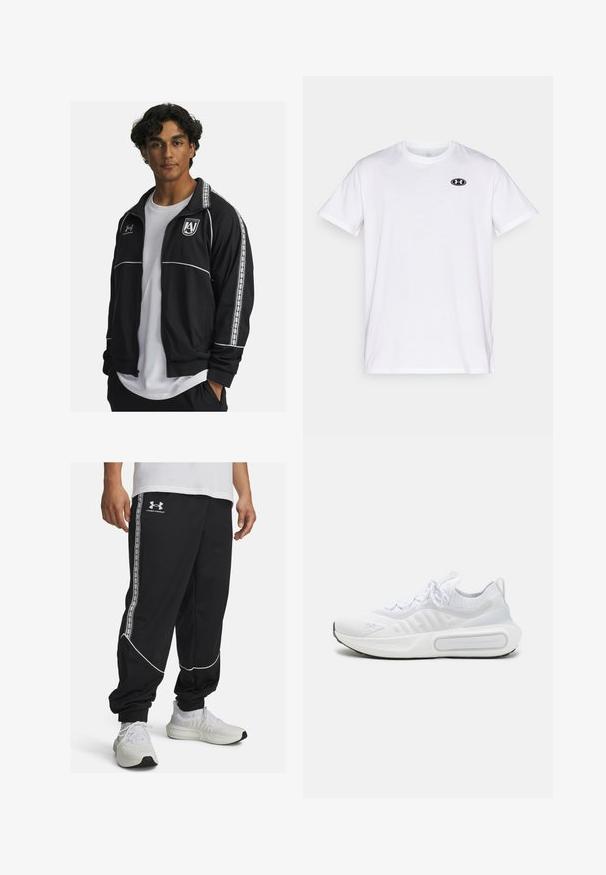 Chaqueta deportiva negra con acentos y franjas laterales en blanco. Cuenta con cierre de cremallera en la parte delantera, cuello tipo estirado y logo bordado en el pecho.; Camiseta blanca de manga corta hecha de algodón con cuello redondo. Presenta un pequeño logotipo negro de Under Armour en el pecho.; Pantalones de chándal negros hechos de tela suave, con ribetes blancos y tiras laterales con un logo. Corte entallado con puños elásticos en los tobillos.; Zapatilla deportiva blanca con una parte superior de punto texturizado, cierre de cordones, suela acolchada y un detalle de marca distintivo en el lateral.