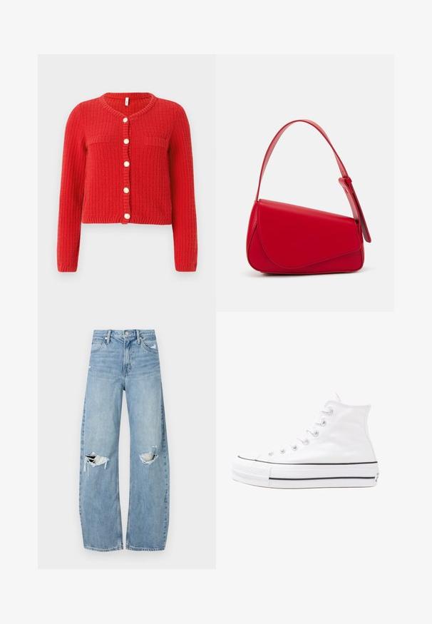 Rdeča pletena jopica z okroglim izrezom, rebrasto teksturo, dvema sprednjima žepoma in šestimi okroglimi gumbi na sprednji strani. Kratka, oprijeta oblika.; Črna oversized majica s kratkimi rokavi, na kateri je grafika medveda z besedilom „NI SRČKAN VKLJUČNO Z DIVJIM“ v poudarjenem belem tisku. Material: bombaž.; Svijetloplave traperice visoki struk. Imaju široke nogavice, dva poderana područja na koljenima i klasičan petotoksi stil.; Beli visoki platneni športni čevelj z črnim gumijastim podplatom, sprednjim gumijastim zaščitnikom za prste in šestimi luknjicami za vezalke, ki se ponaša s preprostim, minimalističnim dizajnom.; Rdeča usnjena torba z angularnim, geometrijskim dizajnom. Ima en samostoječ nastavljiv ročaj in pokrov, zaprt z zapiranjem, ki je okrašen s šivi.