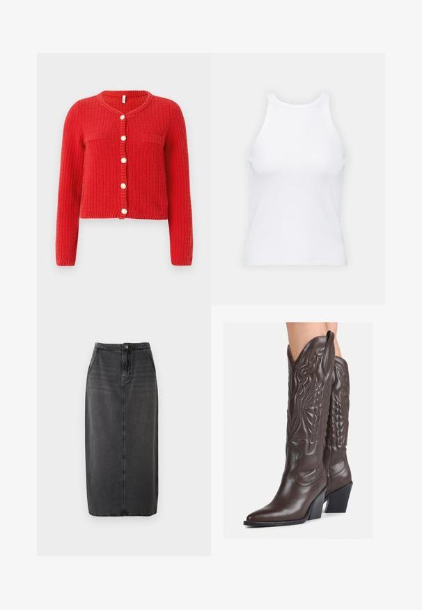 Raudona megzta kardiganas su apvaliu kaklu, grioveliu tekstūra, dviem priekinėm kišenėm ir šešiais apvaliais mygtukais priekyje. Trumpos, prigludusios formos.; Baltas be rankovių marškinėlis, pagamintas iš išklotinės medžiagos, su apvaliu iškirpimu ir prigludusia siluetu, minimaliais siūlais ir be dekoracijų.; Juodas džinsinis midi sijonas su tiesia siluetu, priekyje mygtukų uždarymas ir šoninės kišenės. Turi lygią tekstūrą ir subtilius blukimo efektus.; Rudos odinės kaubojaus batai su smailiu priekiu ir blokuotu kulnu, pasižymintys detaliu siuvinėjimu ir iškiliais akcentais ant ašies.