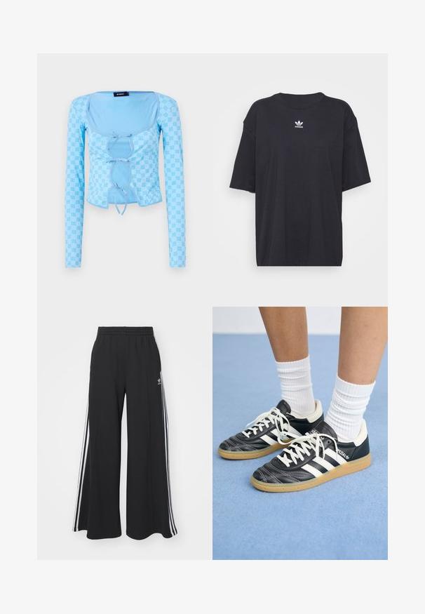 Ljusblå långärmad topp med fyrkantig halsringning, prydd med dekorativa snören framtill och ett subtilt mönster över hela plagget.; Svart bomullströja med korta ärmar, rund halsringning, har en vit Adidas-logotyp på bröstet. Enkel design, avslappnad passform.; Svarta vida sweatpants med elastisk midje, med vita sidosträck och en broderad logotyp på vänster lår.; Svarta lädersneakers med vita ränder, rund tå, vita snören och sula av gummirubber. Betonar en vadderad krage och varumärkesdetaljer.