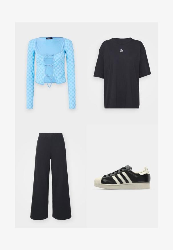 Šviesiai mėlyna ilgomis rankovėmis palaidinė su kvadrato formos iškirpte, dekoratyviais raišteliais priekyje ir subtiliu viso paviršiaus raštu.; Juodas medvilnės marškinėliai trumpomis rankovėmis, apvaliu iškirpimu, su baltu Adidas logo ant krūtinės. Paprastas dizainas, laisvas kirpimas.; Juoda plačių kojų sportinė kelnė, pagaminta iš minkštos medžiagos, su elastinga juosmens juosta ir mažu logotipu kairėje pusėje.; Juodi odiniai sportiniai bateliai su baltais dryžiais, guminis toe kapas, juodi raišteliai ir kreminis padas. Lygus pavirčius su blizgiu finišu.