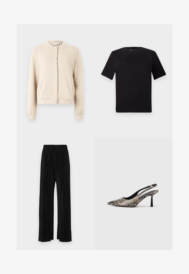 Beige textured cardigan featuring a herringbone pattern, round neck, and six shiny buttons down the front with elastic cuffs and hem.; Black short-sleeve t-shirt with a round neckline, crafted from soft cotton fabric. Simple design, no visible logos or patterns.; Black pleated trousers with an elastic waistband. Features wide legs and a smooth, textured fabric with vertical stripes.; Pointed-toe slingback shoes made of textured snake print material, featuring a slender black heel and a cutout design on the sides.