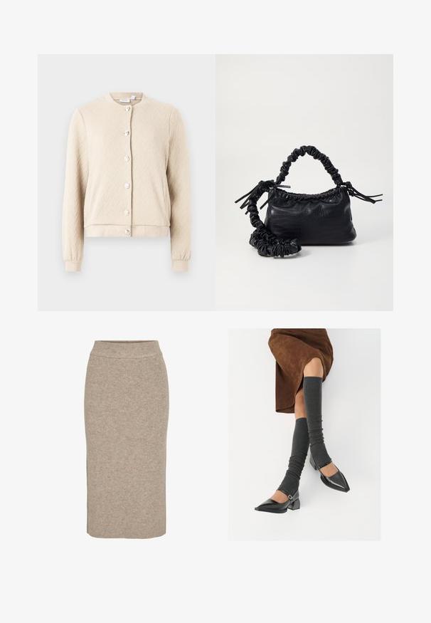 Beige textured cardigan featuring a herringbone pattern, round neck, and six shiny buttons down the front with elastic cuffs and hem.; Crop top in off-white knit material. Long sleeves with ribbed texture and small cut-out details around the neckline.; Knit pencil skirt in light beige, featuring a ribbed texture, high waist, and slim fit. Hem falls below the knee.; Black patent leather pointed-toe shoes with a block heel and ankle strap, paired with gray ribbed leg warmers and a brown suede skirt.; Black faux leather handbag with a crocodile texture, cinched top, and a scrunched strap. Appears soft and compact in design.