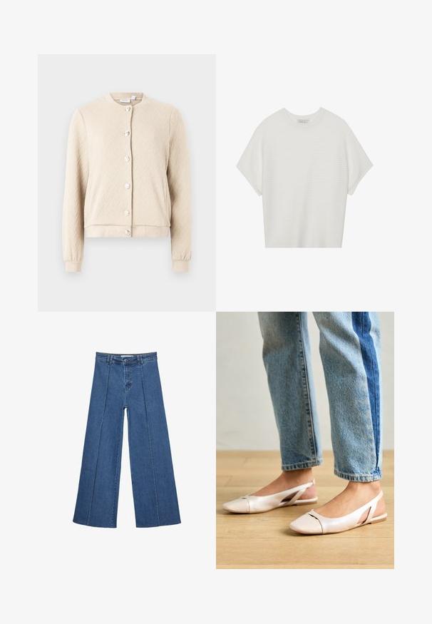 Béžový strukturovaný kardigan s rybím vzorem, kulatým výstřihem a šesti lesklými knoflíky v přední části, s elastickými manžetami a lemem.; Bílý krátký rukáv tričko s širokým kulatým výstřihem a texturovaným žebrovaným vzorem, vyrobené z měkké látky, s uvolněným střihem a čistým designem.; Džíny s širokými nohavicemi v středně modré barvě, se zvýšeným pasem, knoflíkovým zapínáním a kontrastními vertikálními švy vpředu.; Světle růžové slingback baleríny s špičatou špičkou, vyrobené z hladkého koženému materiálu. Obsahují vystřihovací detaily po stranách a plochý podpatek.
