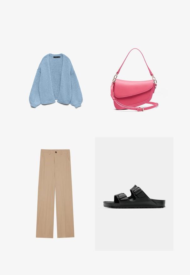Svijetloplava pletena kardigan jakna s otvorenim prednjim dijelom, oversized rukavima i rebrastim manžetama. Mekana tekstura i opušteni kroj. Bez dugmadi ili kopčanja.; Trii bezrukavnih džempera u krem, sivoj i crnoj boji. Svaki ima rebrasti izrez i rub, izrađen od mekanog pletiva.; Bež hlače širokog kroja s glatkom teksturom, sadrže dva bočna džepa, prednje kopčanje na dugme i suptilne nabore za dodatne detalje.; Crne gumene sandale s dva podesiva remena, teksturiranom unutrašnjosti i debelim džonovima, s minimalističkim dizajnom.; Ružičasta kožna torba s jasnim oblikom, koja ima preklopni zatvarač, podesivu traku i zlatne metalne dodatke. Teksturirana površina.