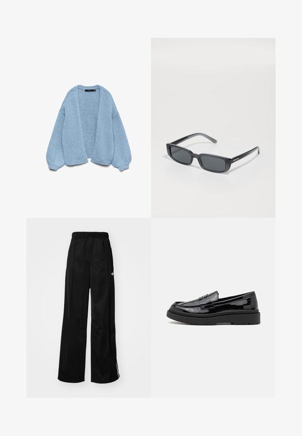 Světle modrý pletený cardigan s otevřeným předním dílem, oversized rukávy a žebrovanými manžetami. Měkká textura a uvolněný střih. Žádné knoflíky ani zapínání.; Bílý krátký rukáv tričko vyrobené z bavlny s kulatým výstřihem a volným střih. Hladká textura a žádné viditelné vzory nebo ozdoby.; Černé široké sportovní kalhoty s elastickým pasem, na kterých jsou bílé boční pruhy a malé logo na levém boku. Hladká textilie.; Černé lakované kožené loafers s kulatou špičkou, zdobnou páskou a silnou černou gumovou podrážkou. Hladký lesklý povrch s minimem švů.; Černé obdélníkové sluneční brýle s robustním plastovým rámem a tmavými skly. Na straně je umístěno logo značky "ARNETTE", elegantní design a lesklý povrch.