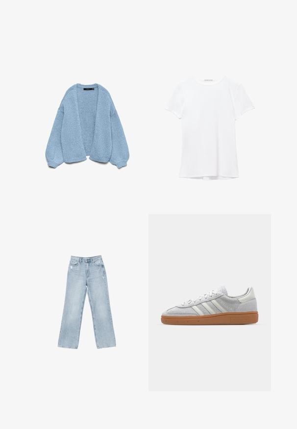 Svetlomodrý pletený kardigán s otvoreným predným dielom, pre veľké rukávy a rebrovanými manžetami. Mäkká textúra a voľný strih. Bez gombíkov alebo zapínaní.; Biela tričká s krátkym rukávom vyrobené z hladkej tkaniny, s okrúhlym výstrihom a jemnými švami na leme.; Svetlomodré denimové džínsy s širokým strihom, poškodenými detailmi, päť vreckami a zipsovým zapínaním.; Svetlo šedé semišové tenisky s bielymi koženými akcentmi, tromi bielymi pruhmi a hnedou gumovou podrážkou, s polstrovaným golierom pre pohodlie.