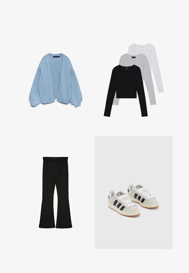 Himmelblauer gestrickter Cardigan mit offenem Vorderteil, übergroßen Ärmeln und gerippten Manschetten. Weiche Textur und lockere Passform. Keine Knöpfe oder Verschlüsse.; Drei langärmelige Oberteile gestapelt: schwarz, grau und weiß. Jedes hat einen runden Halsausschnitt und ein kurzes Design aus glattem, leichtem Stoff.; Schwarze Schlagleggings aus dehnbarem Stoff. Sie verfügen über einen breiten Bund und eine glatte Textur, mit einer enganliegenden Silhouette, die am Saum ausgestellt ist.; Graue Wildledersneaker mit weißen Schnürsenkeln, schwarzen Streifen und einer weißen Gummisohle. Merkmale sind ein kreisförmiges Logo auf der Zunge und eine Gummisohle.