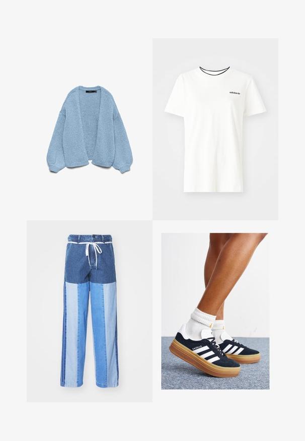 Lyseblå strikket cardigan med åpen front, oversized ermer og ribbede mansjetter. Myk tekstur og avslappet passform. Ingen knapper eller lukking.; Hvit bomull t-skjorte med korte ermer og rund hals. Har en svart Adidas-logo på brystet og en kontrasterende svart indre krage.; Blå denimbukser med et lapperedesign i forskjellige nyanser av blått, snor i livet og løse, rette ben.; Svarte sneakers i semsket skinn med hvite striper og detaljer, rund tå, yttersåle i gummigummi, kombinert med hvite ribbestrikkede crew-sokker.