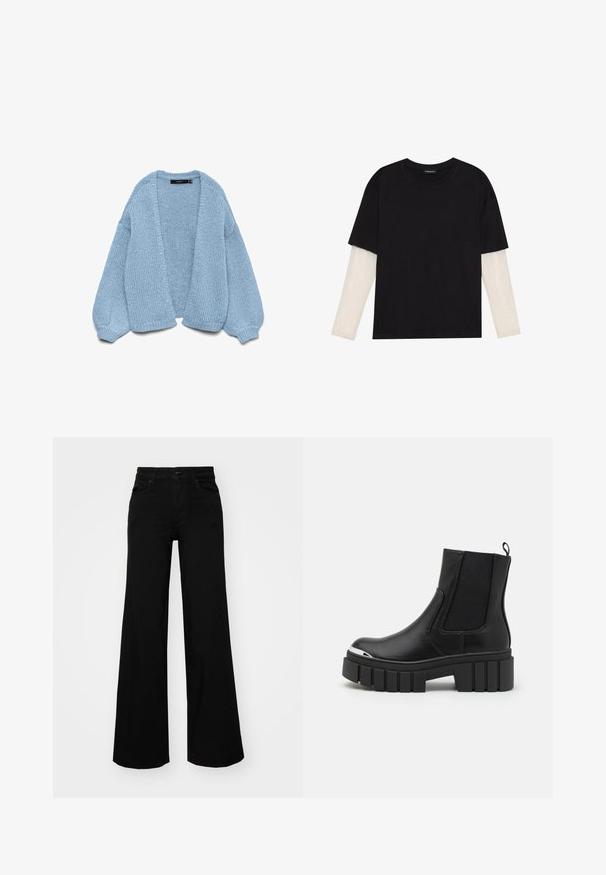 Svetlo modra pletena jopica z odprtim sprednjim delom, prevelikimi rokavi in rebrastimi manšetami. Mehak tekstura in sproščen kroj. Brez gumbov ali zapiral.; Črna majica iz bombaža s kratkimi rokavi, ki pokriva belo dolgi rokav z subtilnim teksturiranim vzorcem. Oblika izrezanega vratu.; Črne široke denim hlače s strukturiranim pasom, z zankami za pas in sprednjimi žepi. Gladka tekstura s klasičnim dizajnom.; Črne gležnarje iz gladkega usnja z elastičnimi vložki, debelim platformnim podplatom in kovinskim kapicom.