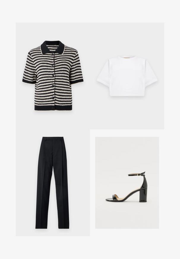 Kortsleeve cardigan i svart och krämfärgade horisontella ränder. Har en ribbad krage, knäppning med knappar och strukturerad stickad tyg.; Klippt vit t-shirt tillverkad av mjukt tyg, med korta ärmar, rund halsringning och ribbade kantdetaljer. Enkel och utan prål design.; Svarta byxor i mjukt tyg med hög midja, vida ben, framfickor och klassiska bältesöglor. Inga sidofickor synliga.; Svart lacklädersandal med bred klack, öppen tå och ankelsnöre med ett gyllene spänne. Slät textur och elegant design.