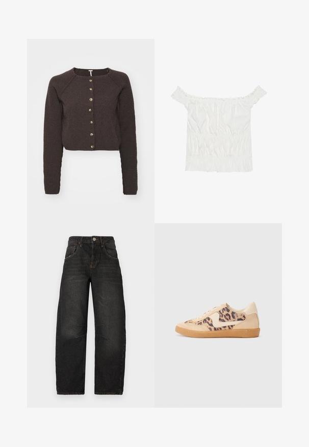 Barna, rövidített kardigán hosszú ujjakkal, texturáltanyagból készült, hét gombbal az elülső részen. Raglan ujjakkal és kerek nyakkivágással rendelkezik.; Fehér, váll nélküli felső fodros díszítéssel, redőzött textúrával és rugalmas derékkal. Puha pamutanyagból készült.; Fekete farmernadrág egyenes szárú fazonnal, öt zsebbel, látható varrással és elöl gombos záródással. Strukturált anyag enyhe kopással.; Leopárdmintás sportcipő bézs velúr felsőrésszel, világosbarna gumitalppal és fehér kiegészítőkkel. Kerek orr, fűzős kialakítás, és textúrázott felület jellemzi.