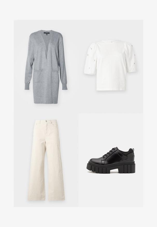 Grå cardigan med dyp V-hals, lange ermer og frontlommer. Myk tekstur, åpen design og en avslappet passform.; Hvit bomull T-skjorte med korte pufferm, med små sølvdekorasjoner langs ermene. Klassisk rund hals, avslappet passform.; Beige vidde bukser laget av bomull, med frontknapping, sidelommer og en jevn tekstur. Minimalistisk design uten mønstre.; Svarte lærplattformsko med kraftig blokkhell, rund tå og tradisjonell snøring. Har en jevn tekstur og minimal detaljering.