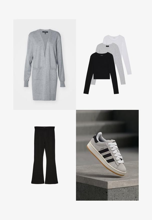 Gray cardigan with a deep V-neck, long sleeves, and front pockets. Soft texture, open design, and a relaxed fit.; Three long-sleeve tops stacked: black, grey, and white. Each has a round neckline and a cropped design with smooth, lightweight fabric.; Black flare leggings made from stretchy fabric. Features a wide waistband and a smooth texture, with a fitted silhouette that flares at the hem.; Gray Adidas Campus sneaker with black stripes and white laces floating above a concrete ledge with stairs in the background.