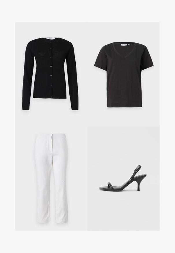 DAY Birger et Mikkelsen LUNA DAILY - Adīta jaka - black; Melnas kokvilnas T-krekls ar V veida kakla izgriezumu un īsām piedurknēm. Vienkāršs dizains ar regulāru piegriezumu un bez rakstiem vai akcentiem.; Baltas kokvilnas bikses ar taisnu kāju dizainu, ar vidēju augstumu un bez redzamām detaļām vai rakstiem. Visā virsmā ir gluda tekstūra.; Melnas ādas augstpapēžu sandales ar plānu, izliekta formas papēdi un krustenisku siksnu dizainu. Regulējama potītes siksna. Gluda tekstūra.