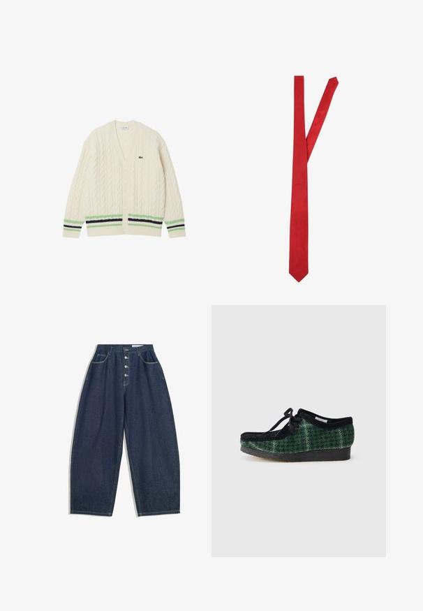 Crèmekleurige kabelgebreide cardigan met een V-hals, groene en navy strepen aan de onderrand en een klein Lacoste-logo op de linkerkant van de borst. Zes knopen aan de voorkant.; Korte mouwen, knoopshirt van off-white katoen. Bevat een kraag en een borstzak aan de linkerkant met een eenvoudig ontwerp en een zachte textuur.; Donkerblauwe denim brede broek met een hoge taille, vijfknopen sluiting en vijf zakken. Heeft stiksels op de naden.; Groene en zwarte schoenen met een suède bovenkant, voorzien van een ronde neus, veters en een gestructureerde rubberen zool.; Seidensticker Stropdas - red