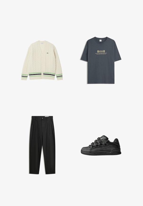 Cardigan crema a maglia cable con scollo a V, strisce verdi e blu navy all'orlo e un piccolo logo Lacoste sul lato sinistro del petto. Sei bottoni sulla parte anteriore.; T-shirt di cotone grigio scuro con maniche corte, colletto tondo e testo giallo in un carattere decorativo con un design a alloro.; Pantaloni in cotone neri con una vestibilità rilassata, dotati di una vita classica, pieghe frontali e tasche laterali. Tessuto liscio senza fantasie.; Sneaker nere con una toma in pelle liscia, dettagli testurizzati e lacci tondi neri e bianchi. Suola spessa in gomma con battistrada gommato.